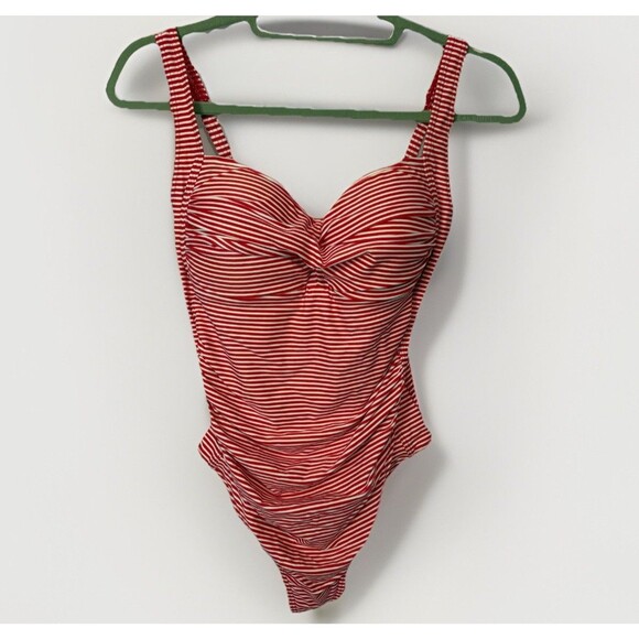 Bond-Eye Australia Ruched One Piece Red White Stripe 8 D/DD Retro Flattering - Picture 1 of 10